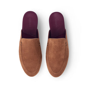 Inabo Women's Slowfer slipper in brown suede and burgundy leather insole shown from above